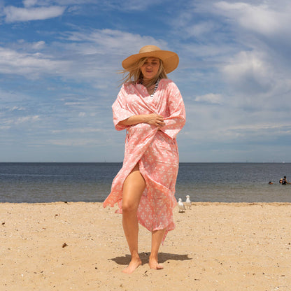 Peach Floral Women's Cotton Kimono Robe – Comfort Meets Artful Elegance