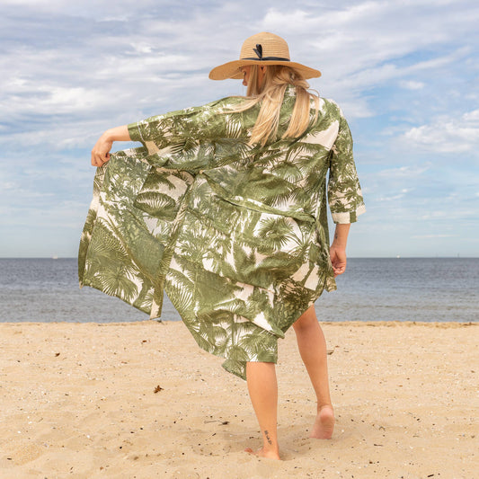 Green Palms Boho Women's Cotton Kimono Robe - Frida Kahlo Inspired, Comfort & Versatility