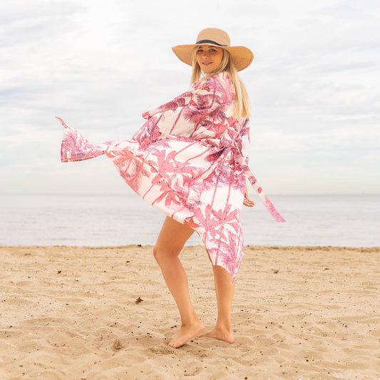 Pink Palm Women's Cotton Kimono Robe - Frida Kahlo Inspired, Stylish & Comfortable