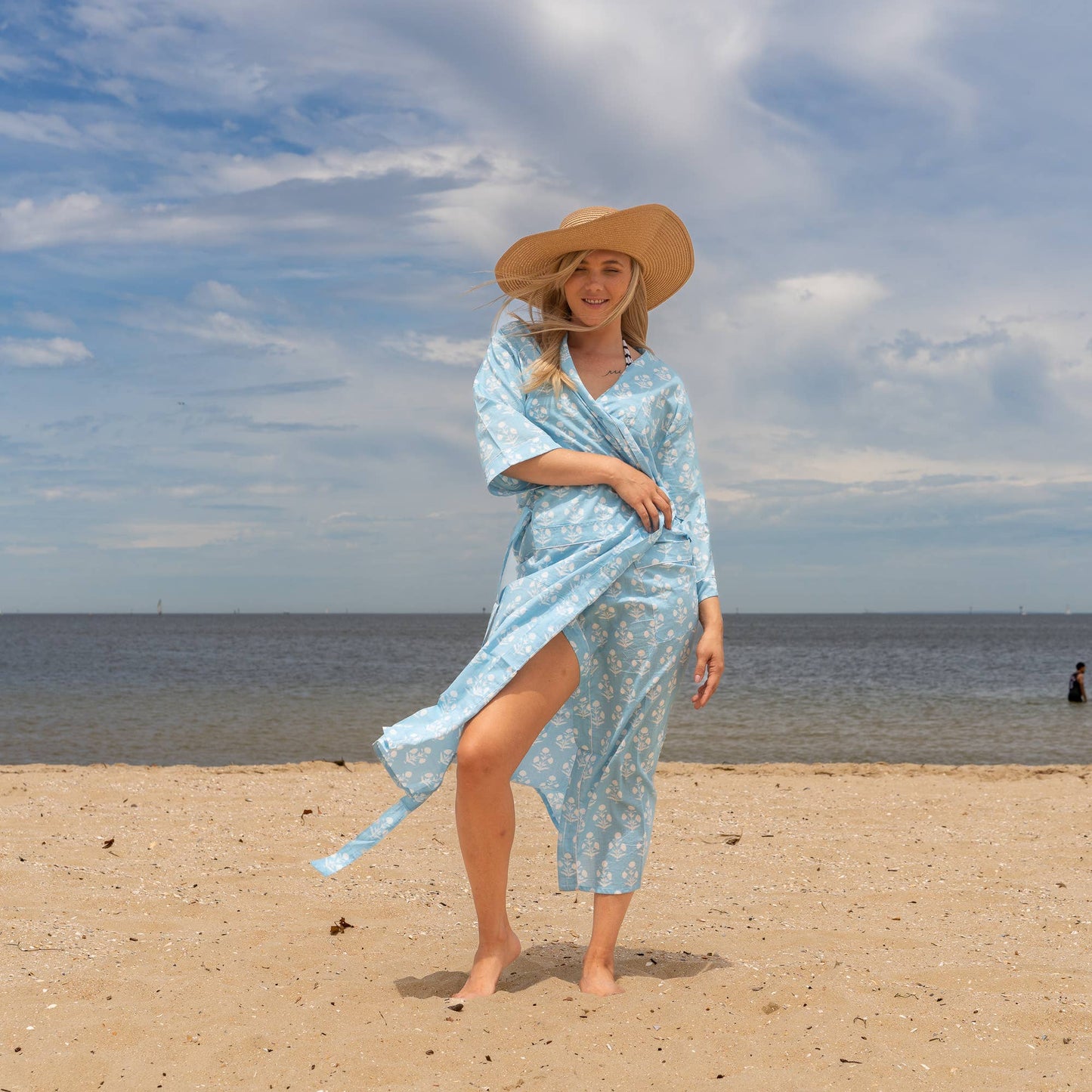 Blue Block Print Women's Cotton Kimono Robe – Effortless Elegance and Comfort