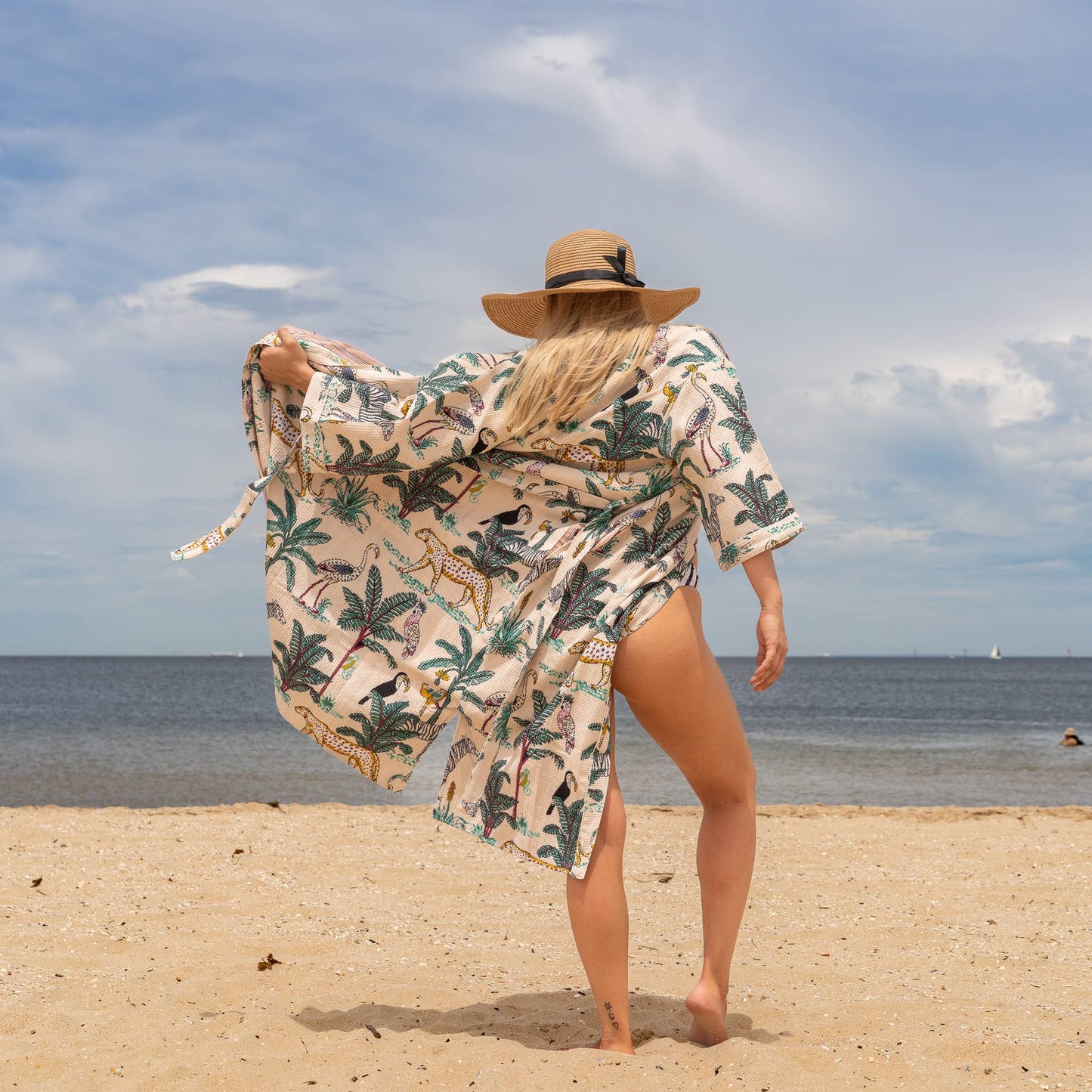 White Safari Women's Cotton Linen Waffle Kimono Robe – Elegance Meets Comfort