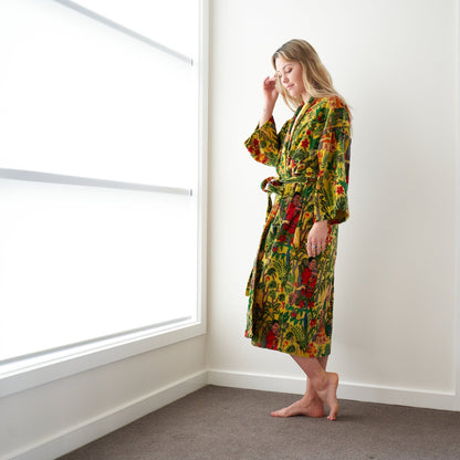 Fridas Foliage Cotton Velvet Kimono Robe - Frida Kahlo-Inspired Bird of Paradise, Handmade, Versatile Loungewear