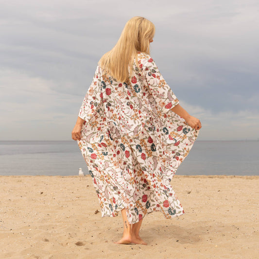 Floral White Women's Cotton Kimono Robe - Frida Kahlo Inspired, Lightweight & Versatile (One Size, 100% Cotton)