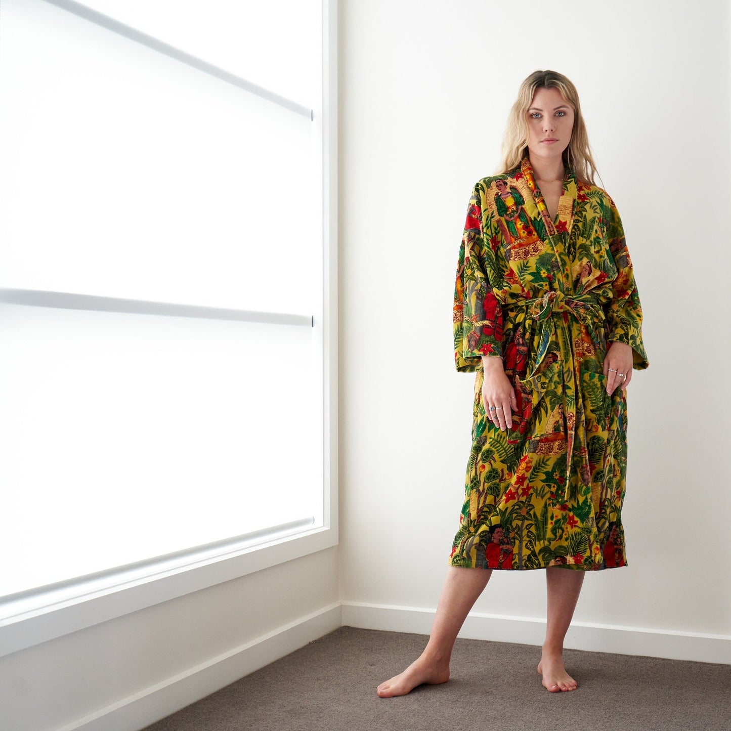 Fridas Foliage Cotton Velvet Kimono Robe - Frida Kahlo-Inspired Bird of Paradise, Handmade, Versatile Loungewear