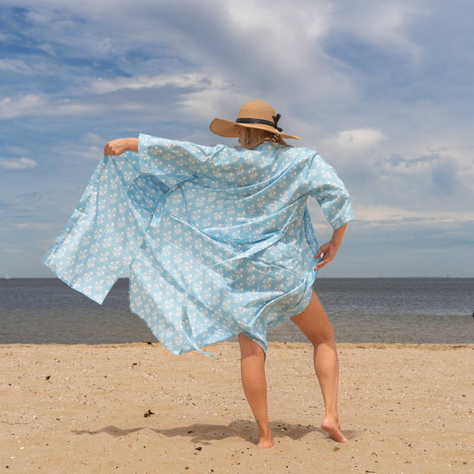 Blue Block Print Women's Cotton Kimono Robe – Effortless Elegance and Comfort