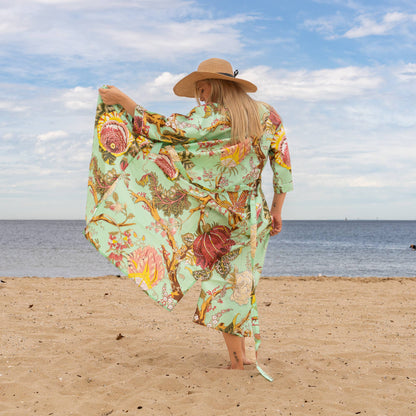 Green Tree of Life Women's Cotton Kimono Robe – Nature-Inspired Comfort with a Touch of Artistry