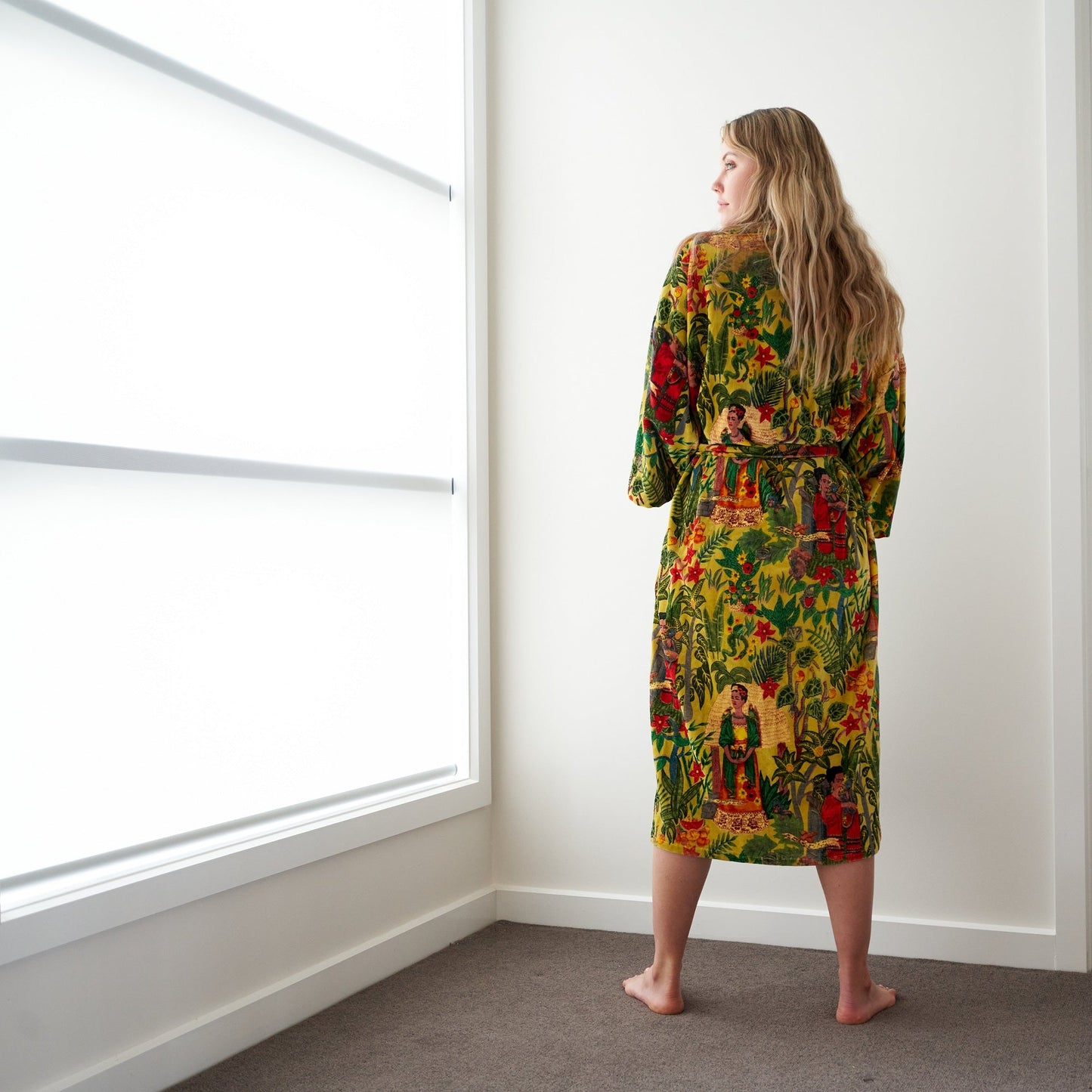 Fridas Foliage Cotton Velvet Kimono Robe - Frida Kahlo-Inspired Bird of Paradise, Handmade, Versatile Loungewear