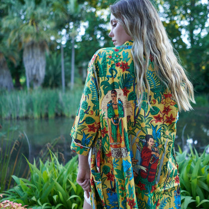 Surrealist Soiree 100% Cotton Kimono Robe – Frida Kahlo Inspired, Bird of Paradise Print, Versatile Kimono, Kaftan, Robe & Cardigan, Free Size