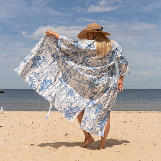 Tropical Blues Women's Cotton Kimono Robe – Vibrant Comfort Meets Artistic Flair