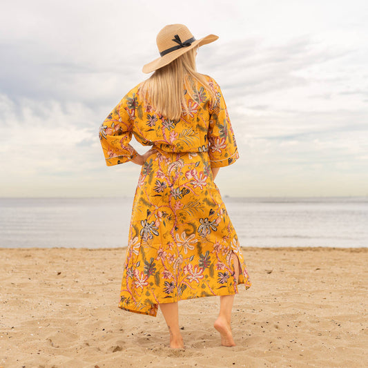 Mustard Paradise Women's Cotton Kimono Robe - Frida Kahlo Inspired, Soft Cotton, One Size, Versatile