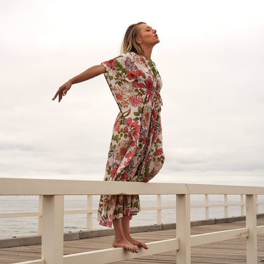 Serene Escape 100% Cotton Kaftan – Frida Kahlo-Inspired Kimono & Robe with Bird of Paradise Design