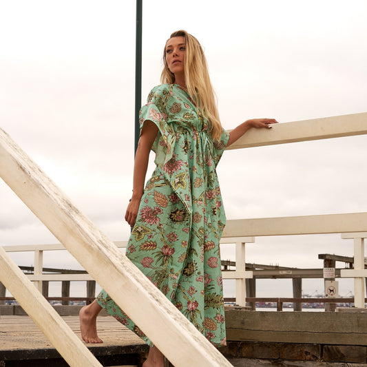 Serene Botanics 100% Cotton Kaftan – Frida Kahlo-Inspired Kimono & Robe with Bird of Paradise Design