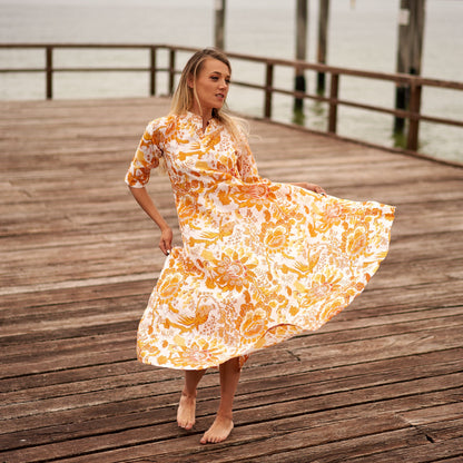 Citrine Oasis 100% Cotton Maxi Dress – Hand-Screen Printed Floral Design, S/M & L/XL, Boho Style