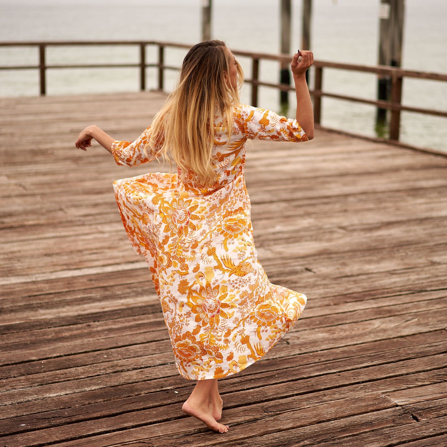 Citrine Oasis 100% Cotton Maxi Dress – Hand-Screen Printed Floral Design, S/M & L/XL, Boho Style