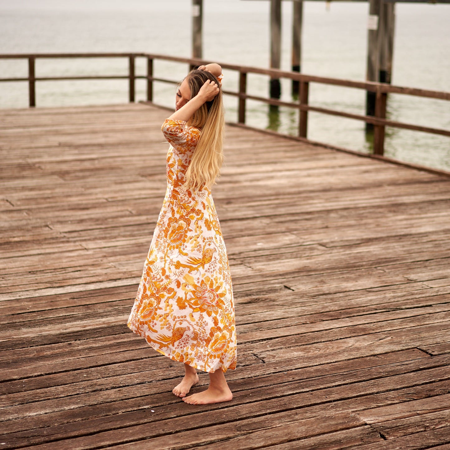 Citrine Oasis 100% Cotton Maxi Dress – Hand-Screen Printed Floral Design, S/M & L/XL, Boho Style