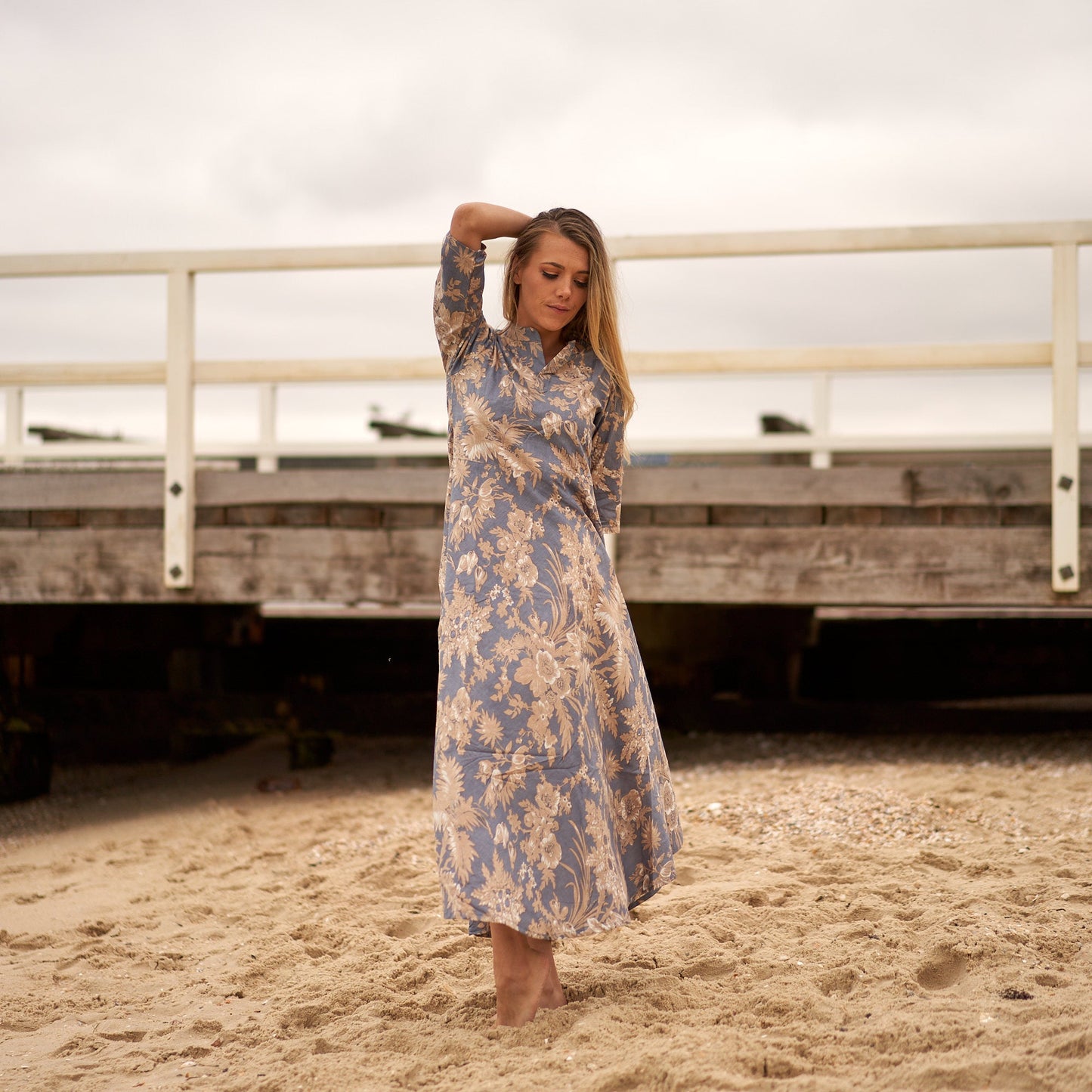 Periwinkle Blooms 100% Cotton Maxi Dress – Hand-Screen Printed Floral Design, Boho Style, S/M & L/XL