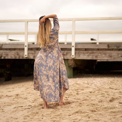 Periwinkle Blooms 100% Cotton Maxi Dress – Hand-Screen Printed Floral Design, Boho Style, S/M & L/XL