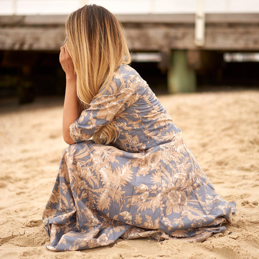 Periwinkle Blooms 100% Cotton Maxi Dress – Hand-Screen Printed Floral Design, Boho Style, S/M & L/XL