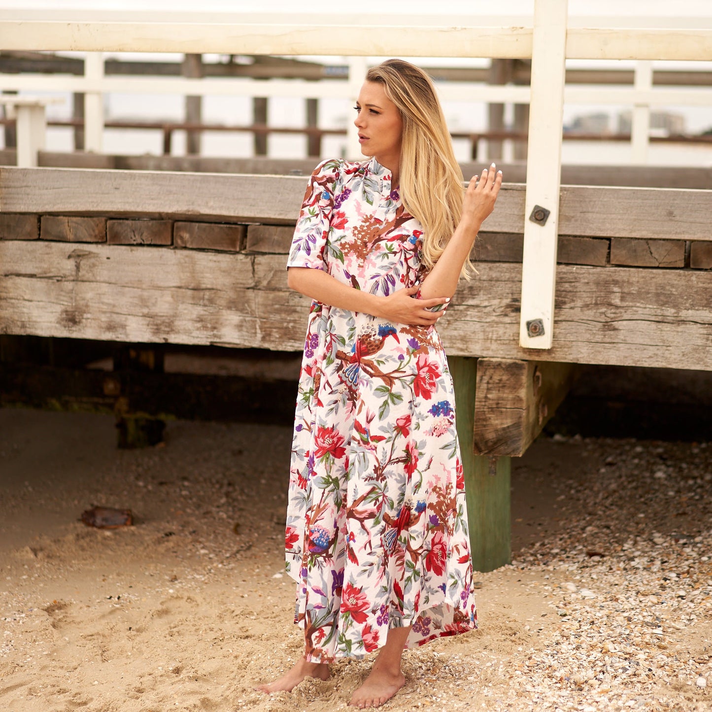 Island Paradise 100% Cotton Maxi Dress – Hand-Screen Printed Floral & Framed Design, S/M & L/XL