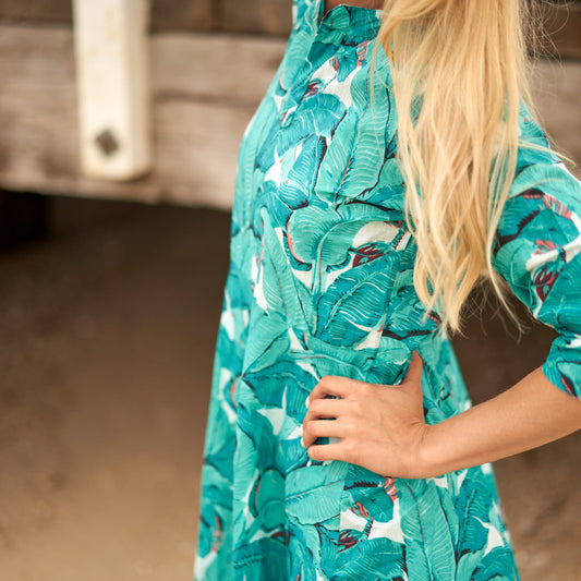 Tropical Escape 100% Cotton Boho Maxi Dress – Hand-Screen Printed Floral Design, S/M & L/XL