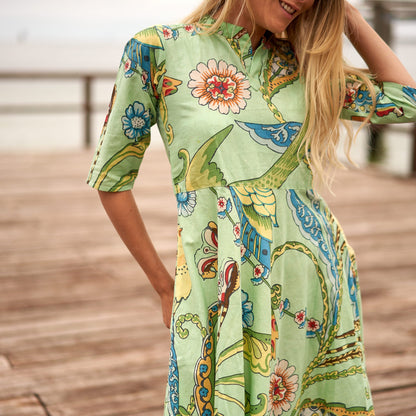 Bold Tropics 100% Cotton Boho Maxi Dress – Hand-Screen Printed Floral Design, S/M & L/XL