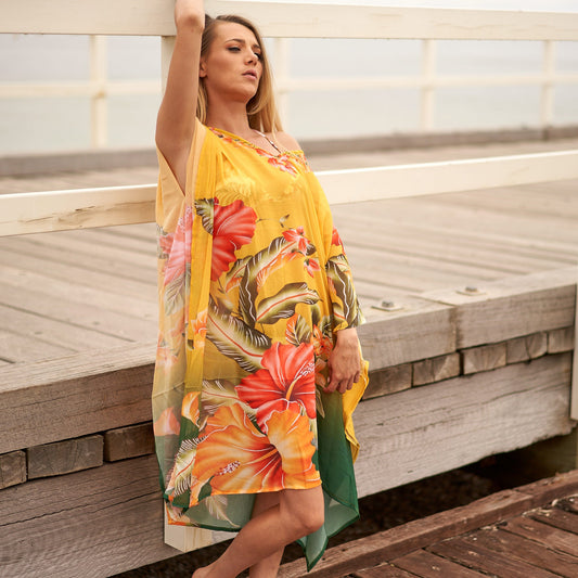 Sunset Florals Silk Kaftan – Handmade Silk Blend Georgette, One Size Fits All, 100 cm Kimono