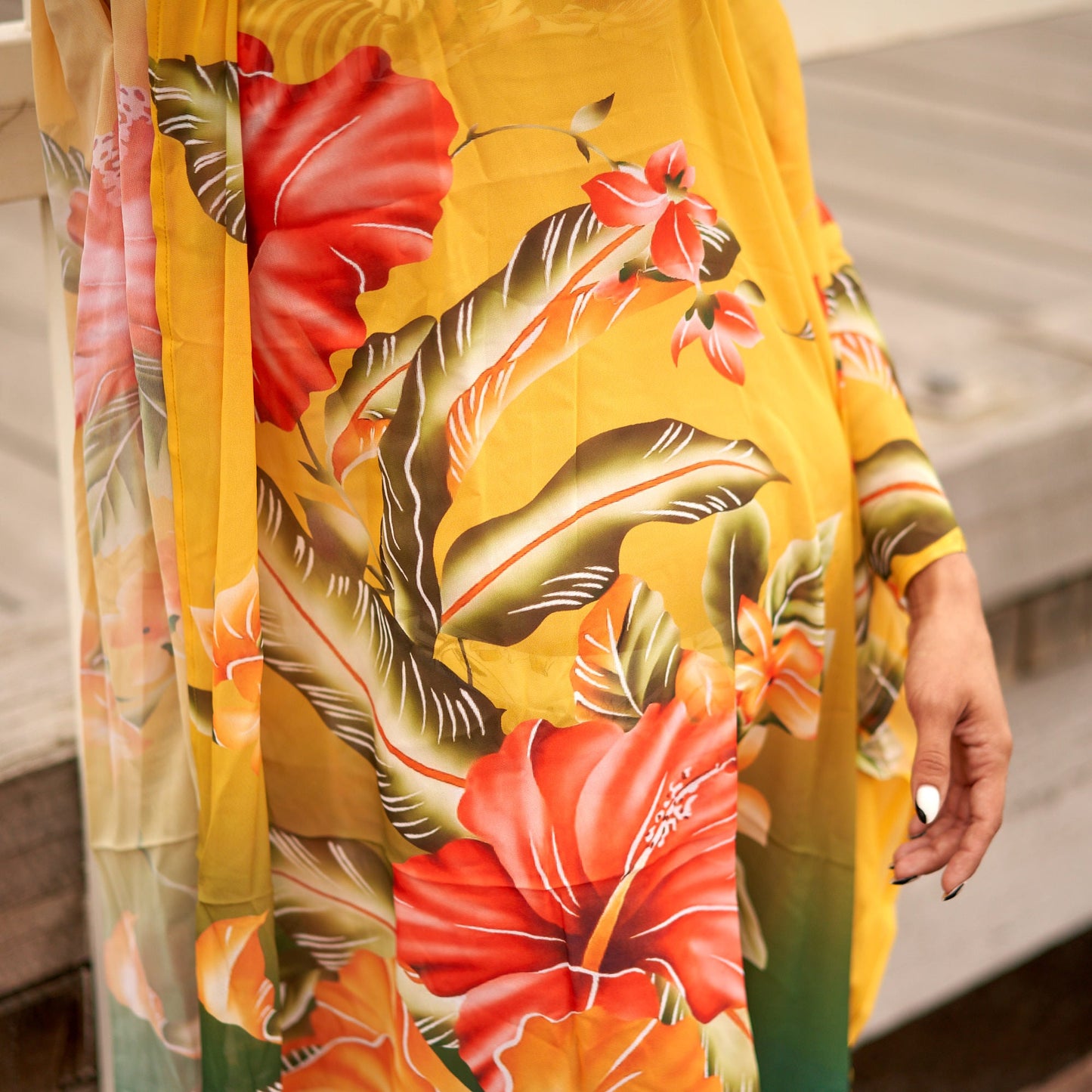 Sunset Florals Silk Kaftan – Handmade Silk Blend Georgette, One Size Fits All, 100 cm Kimono