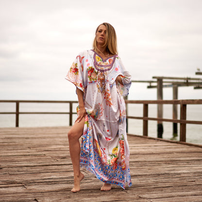 Vacation Vixen Silk Kaftan – Luxurious Silk Blend Georgette, One Size Fits All, 140 cm Length