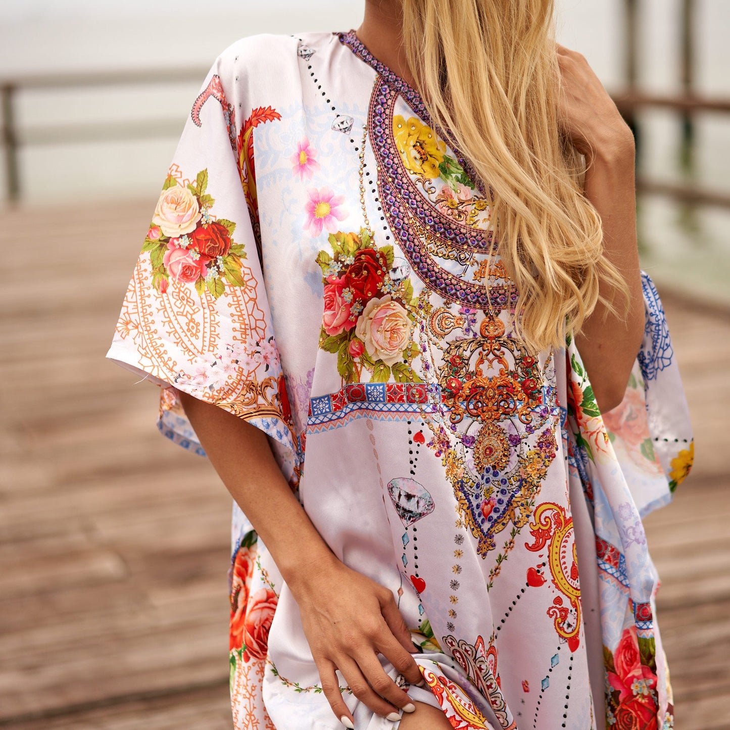 Vacation Vixen Silk Kaftan – Luxurious Silk Blend Georgette, One Size Fits All, 140 cm Length