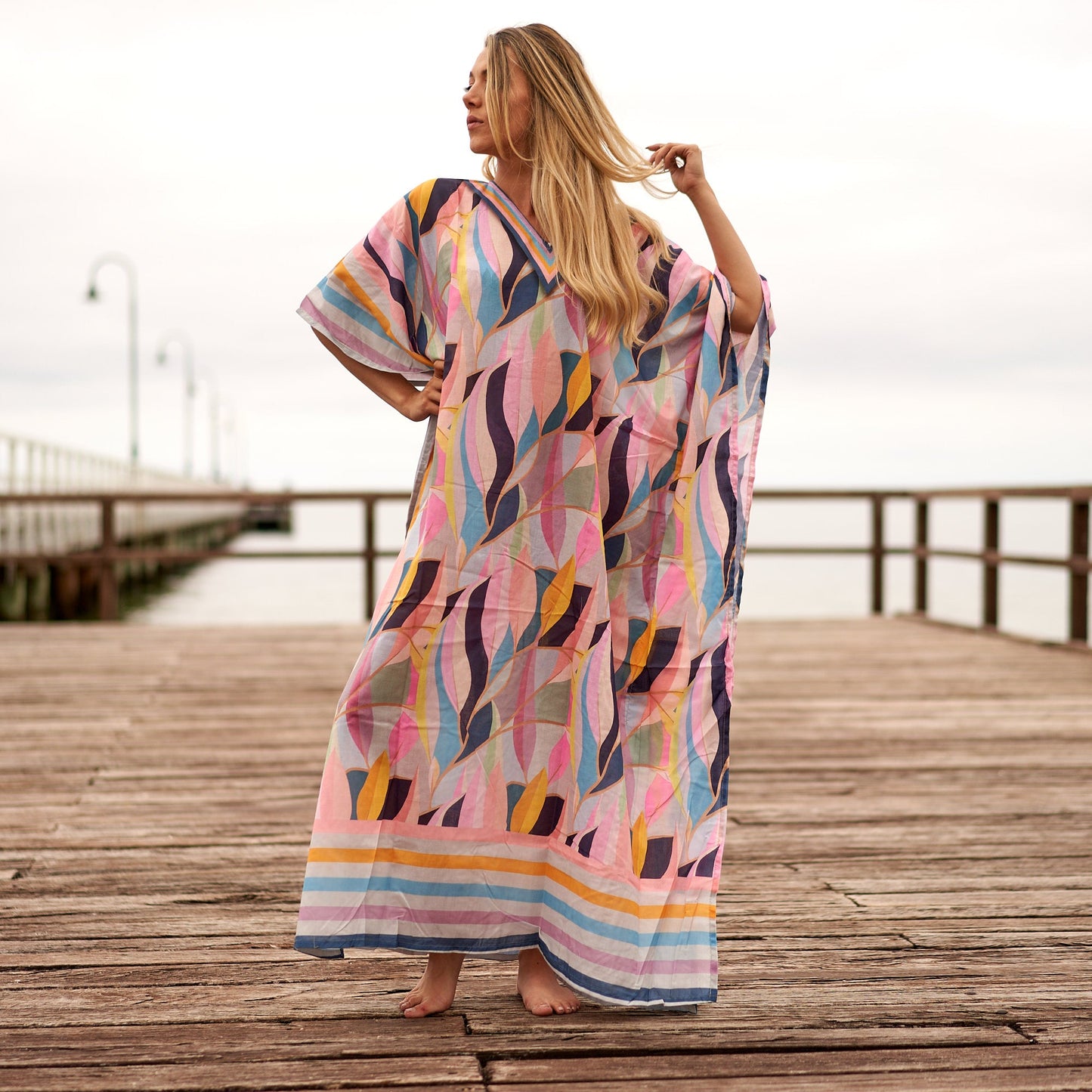 Tropical Paradise Silk Kaftan – Handmade Silk Blend Georgette, One Size Fits All, 100 cm Kimono