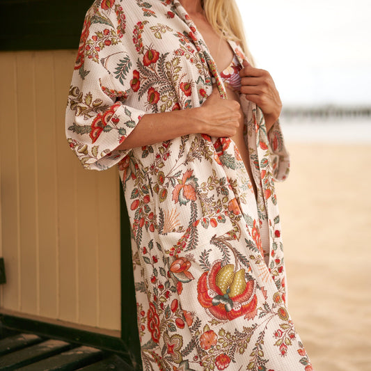 Holidays Best Frida Kahlo-Inspired 100% Cotton Waffle Kimono Robe – Bird of Paradise Print, Free Size, Versatile & Breathable