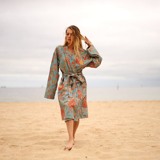 Serene Blooms 100% Cotton Waffle Kimono Robe - Frida Kahlo Inspired, Versatile & Comfortable