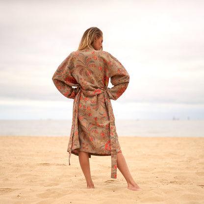 Pastel Paradise Frida Kahlo-Inspired 100% Cotton Waffle Kimono Robe – Bird of Paradise Print, Free Size, Versatile Design