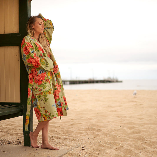 A Symphony of Blossoms 100% Cotton Cambric Kimono Robe - Frida Kahlo & Bird of Paradise Inspired, Adjustable Fit