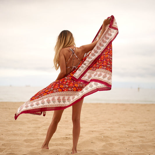 Sea Breeze Dreams Boho Handmade 100% Cotton Sarong – Versatile Swim Cover-Up, Beach Skirt, Shawl, and Tropical Block Print Pareo