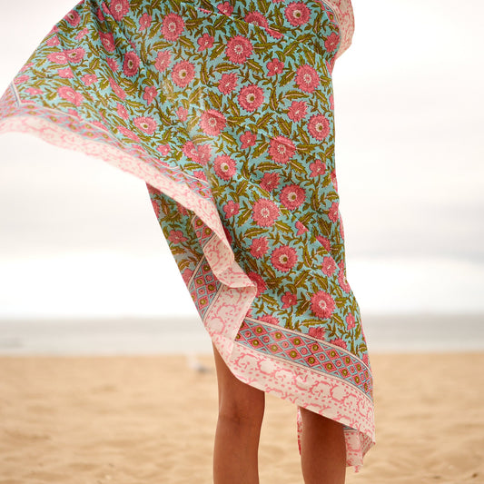 Find Me at the Beach Boho Handmade 100% Cotton Sarong – Versatile Swim Cover-Up, Beach Skirt, Shawl, and Tropical Block Print Pareo