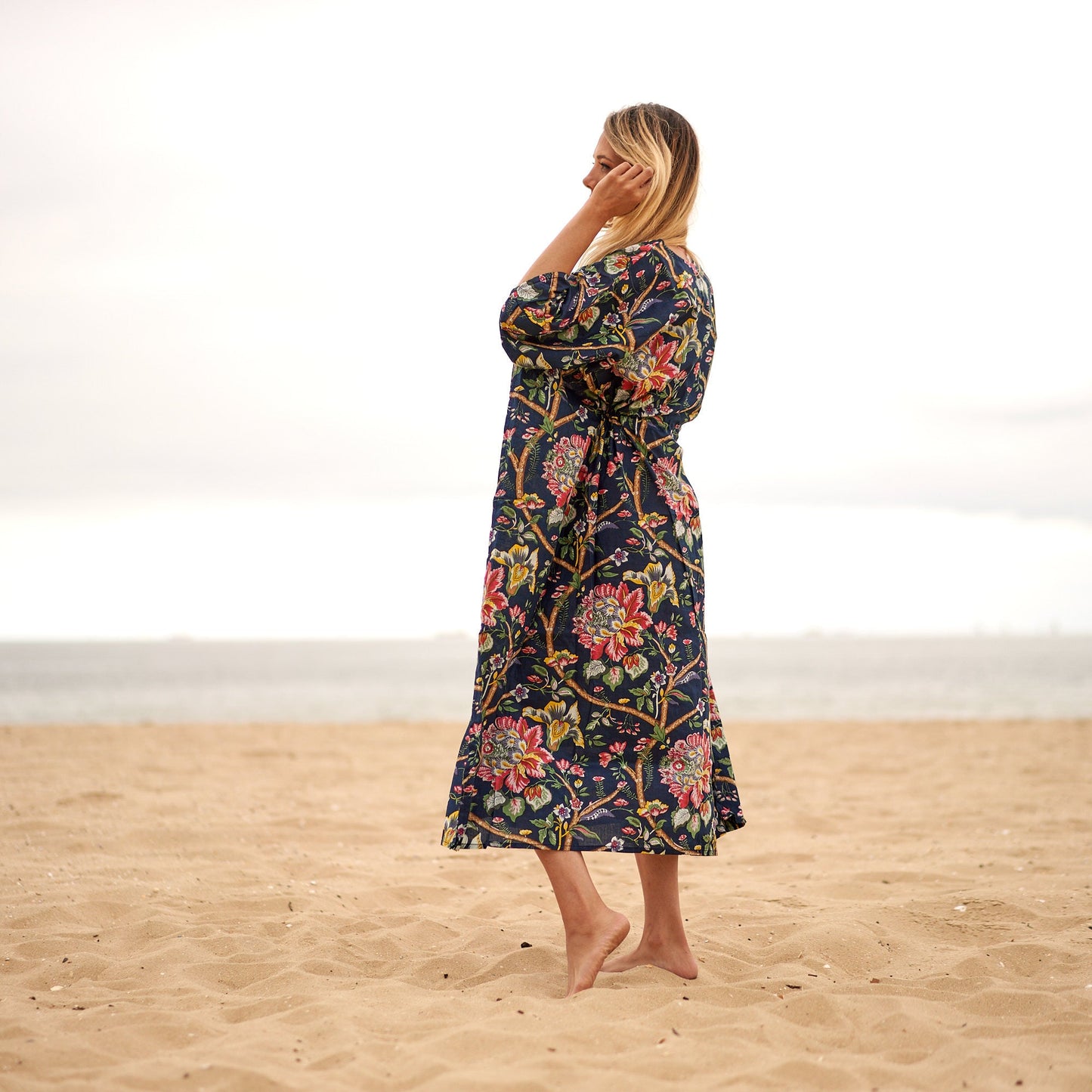 Noir Blooms 100% Cotton Kaftan – Frida Kahlo-Inspired Kimono with Bird of Paradise Design & Adjustable Fit