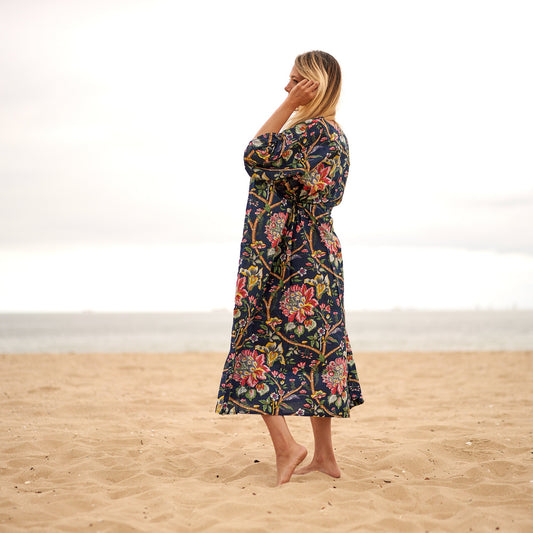 Noir Blooms 100% Cotton Kaftan – Frida Kahlo-Inspired Kimono with Bird of Paradise Design & Adjustable Fit