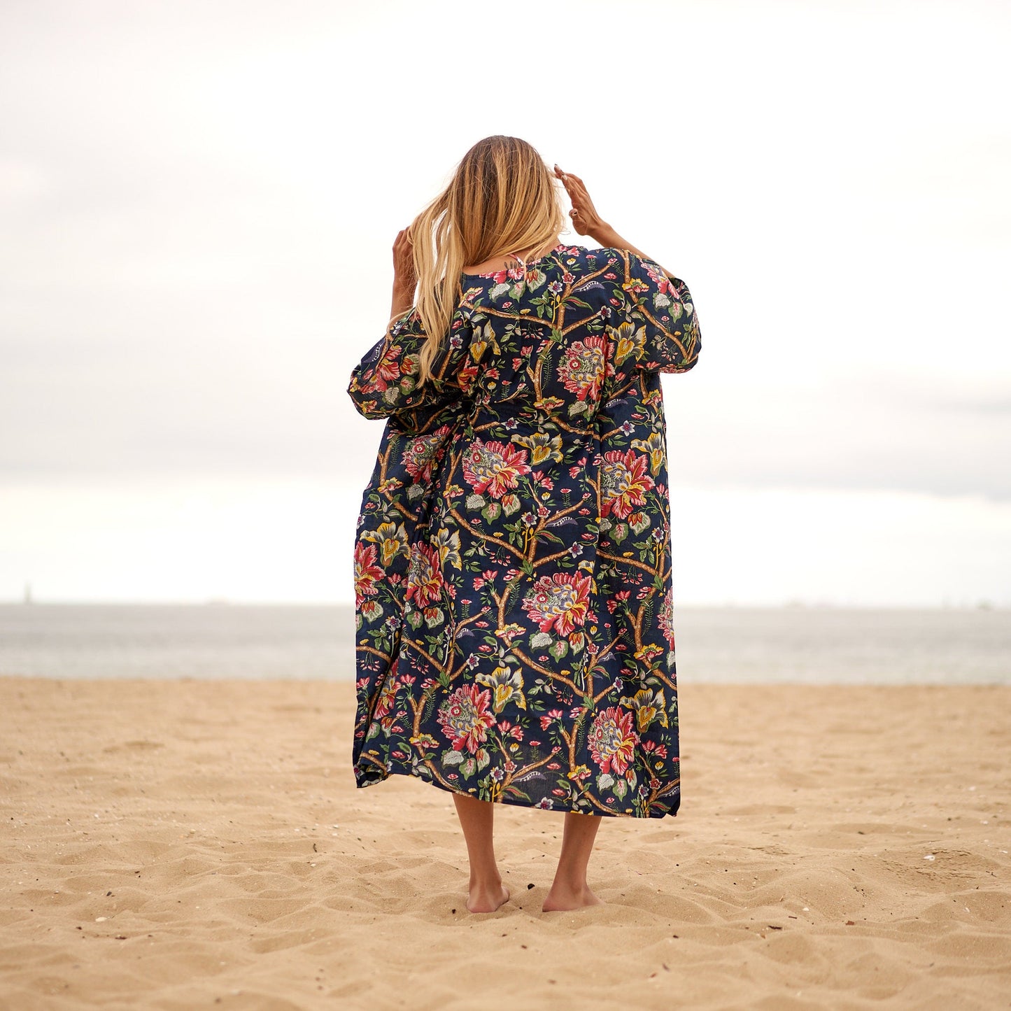 Noir Blooms 100% Cotton Kaftan – Frida Kahlo-Inspired Kimono with Bird of Paradise Design & Adjustable Fit