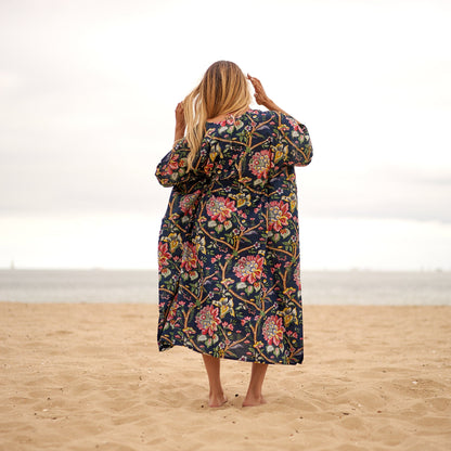 Noir Blooms 100% Cotton Kaftan – Frida Kahlo-Inspired Kimono with Bird of Paradise Design & Adjustable Fit