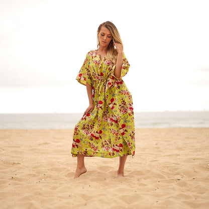 Sophisticated Botanicals 100% Cotton Kaftan – Frida Kahlo-Inspired Kimono with Bird of Paradise Design & Adjustable Fit