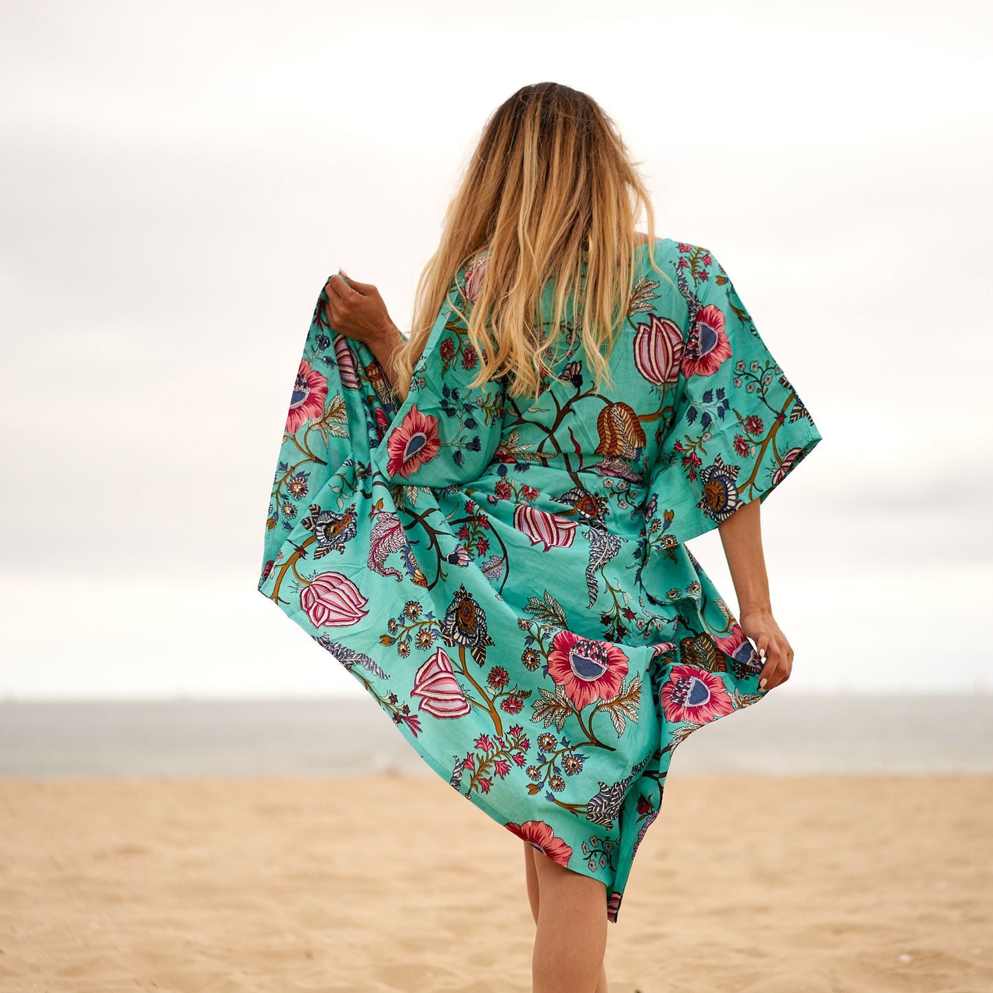 Aqua Escape 100% Cotton Kaftan – Frida Kahlo-Inspired Beach Kimono & Robe with Birds of Paradise Design