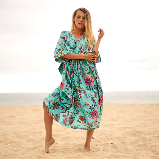 Aqua Escape 100% Cotton Kaftan – Frida Kahlo-Inspired Beach Kimono & Robe with Birds of Paradise Design