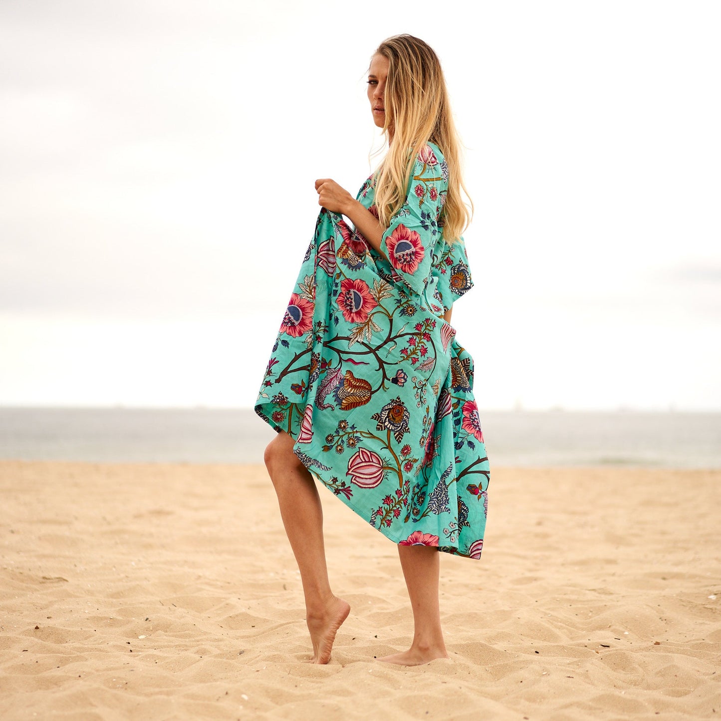 Aqua Escape 100% Cotton Kaftan – Frida Kahlo-Inspired Beach Kimono & Robe with Birds of Paradise Design