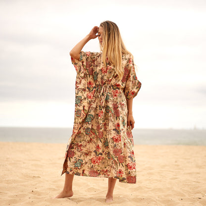 Tropical Paradise 100% Cotton Kaftan – Frida Kahlo-Inspired Kimono with Bird of Paradise Design & Adjustable Fit