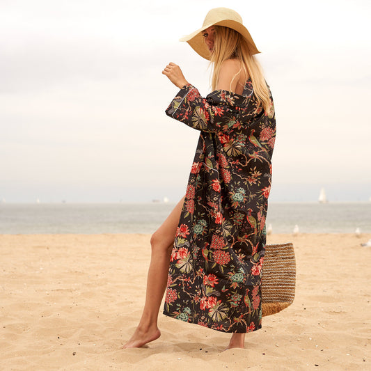 Midnight Florals 100% Cotton Kimono – Frida Kahlo-Inspired Bird of Paradise Design, Versatile Robe, Kaftan & Bathrobe, Designed in Australia