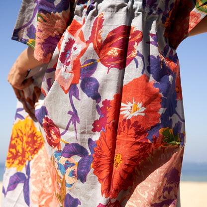 Island Adventure 100% Cotton Kaftan – Frida Kahlo-Inspired Bird of Paradise Hand-Screen Printed Kimono, Robe, Lounge Wear, Adjustable Fit, Limited Edition