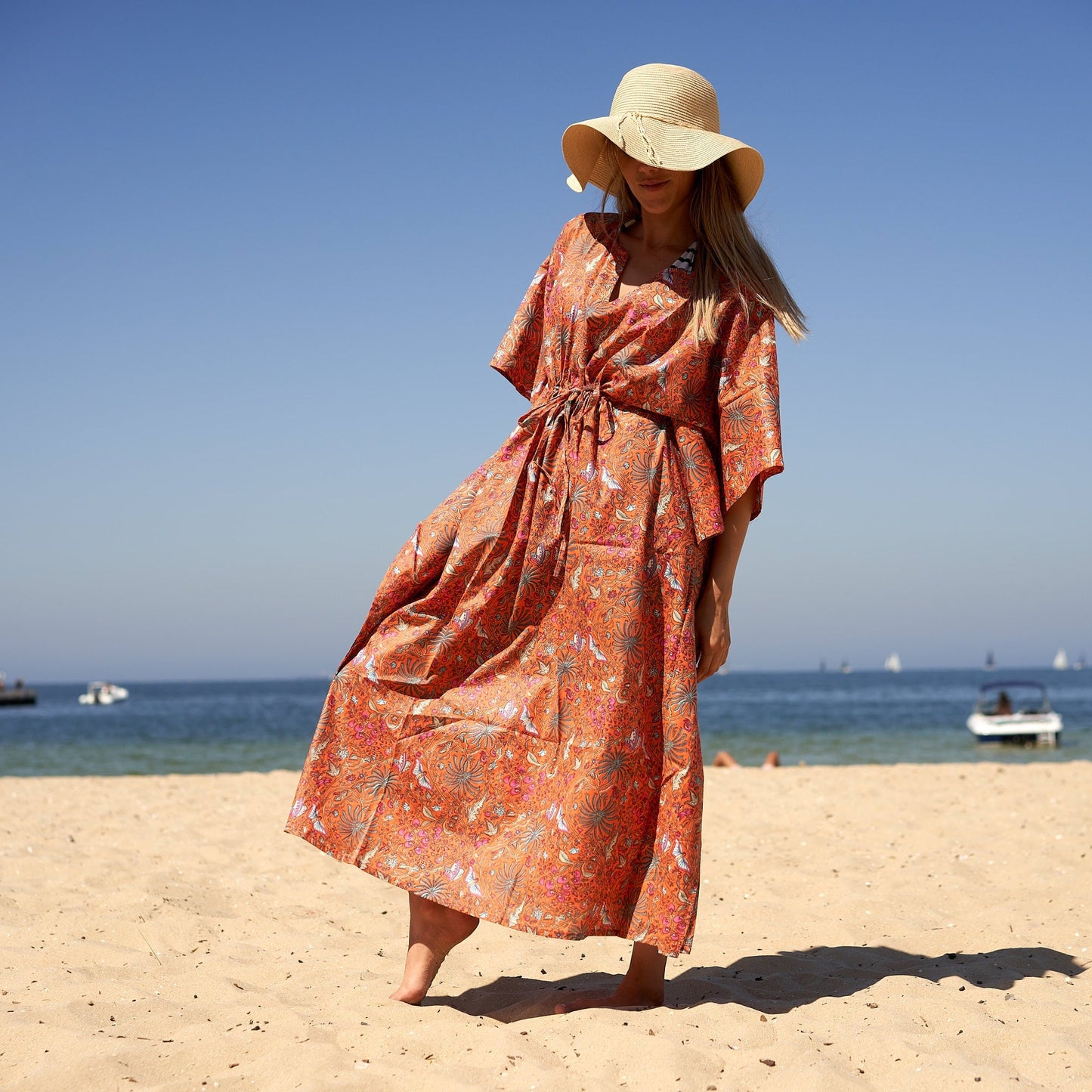 Butterflies & Blooms 100% Cotton Kaftan – Frida Kahlo-Inspired, Hand-Screen Printed Bird of Paradise Design, Adjustable Fit, Limited Edition