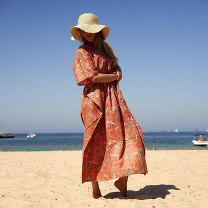 Butterflies & Blooms 100% Cotton Kaftan – Frida Kahlo-Inspired, Hand-Screen Printed Bird of Paradise Design, Adjustable Fit, Limited Edition