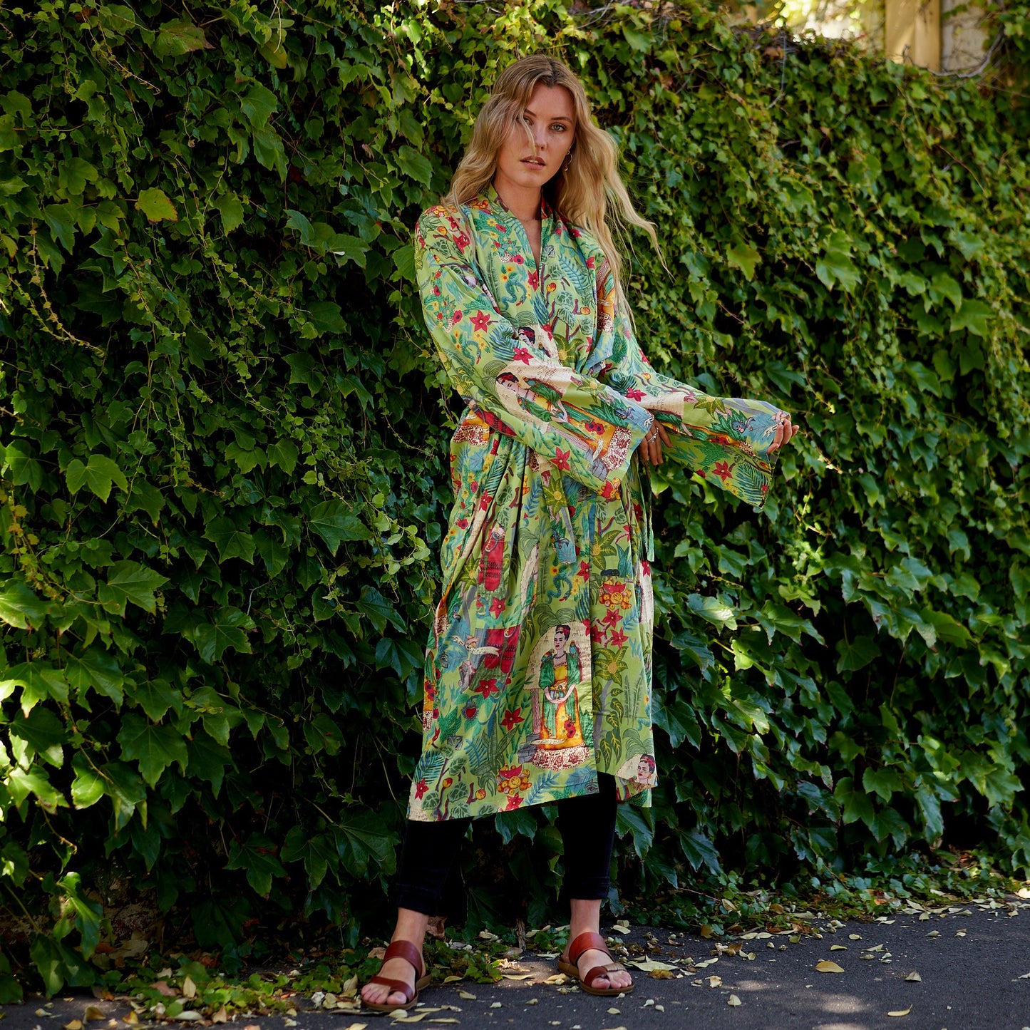 Frida’s Enchanted World 100% Cotton Kimono Robe – Lightweight, Bird of Paradise Hand-Screen Printed Design, Versatile Kimono, Bathrobe, Kaftan, Oversized Top, Free Size, Comfortable Lounge Wear, Limited Edition, Cotton Tie Strap